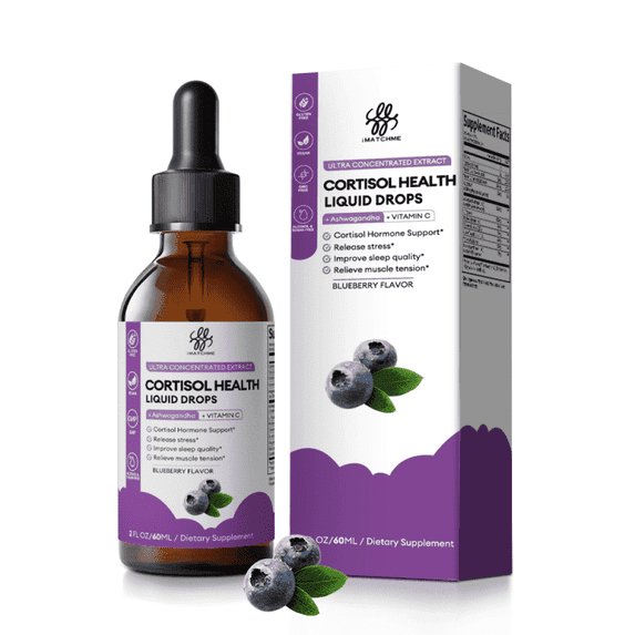Cortisol Supplement Liquid Drops, 10 in 1 Cortisol Manager Reducer with Magnesium, Ashwagandha, L-theanine for Balanced Cortisol and Mood Support - 2 fl oz, Blueberry Flavor