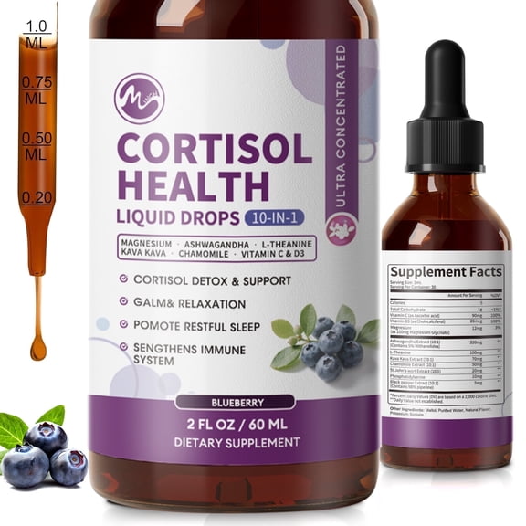 Cortisol Supplement Liquid Drops, Hormone Balance, Mood, Focus & Sleep Support,2 FL oz Blueberry Flavor