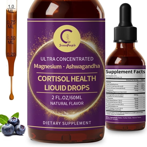 Cortisol Supplement Liquid Drops for Women & Men, Support Mood,Focus, Sleep, Blueberry Flavour, 2 FL oz