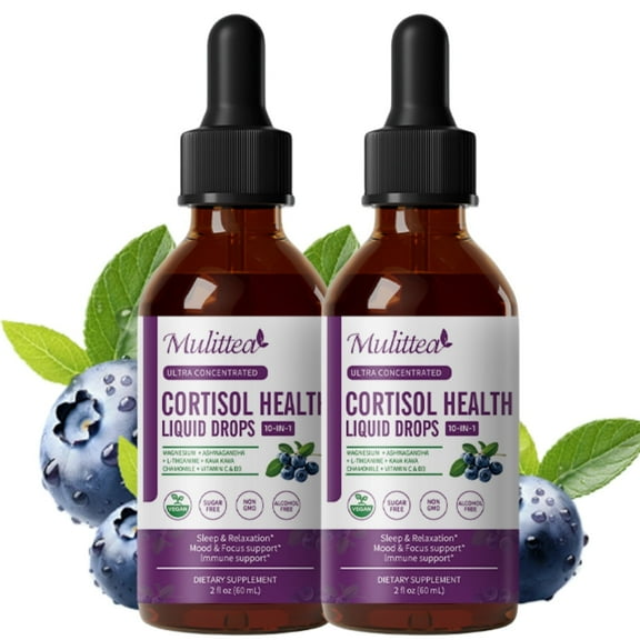 Cortisol Supplements for Women Men, Cortisol Reducer Detox Manager w/ Magnesium, Ashwagandha, L-theanine, Hormone Balance Liquid Drops Mood, Focus, Sleep Support - 4 Fl.oz, Blueberry Flavor
