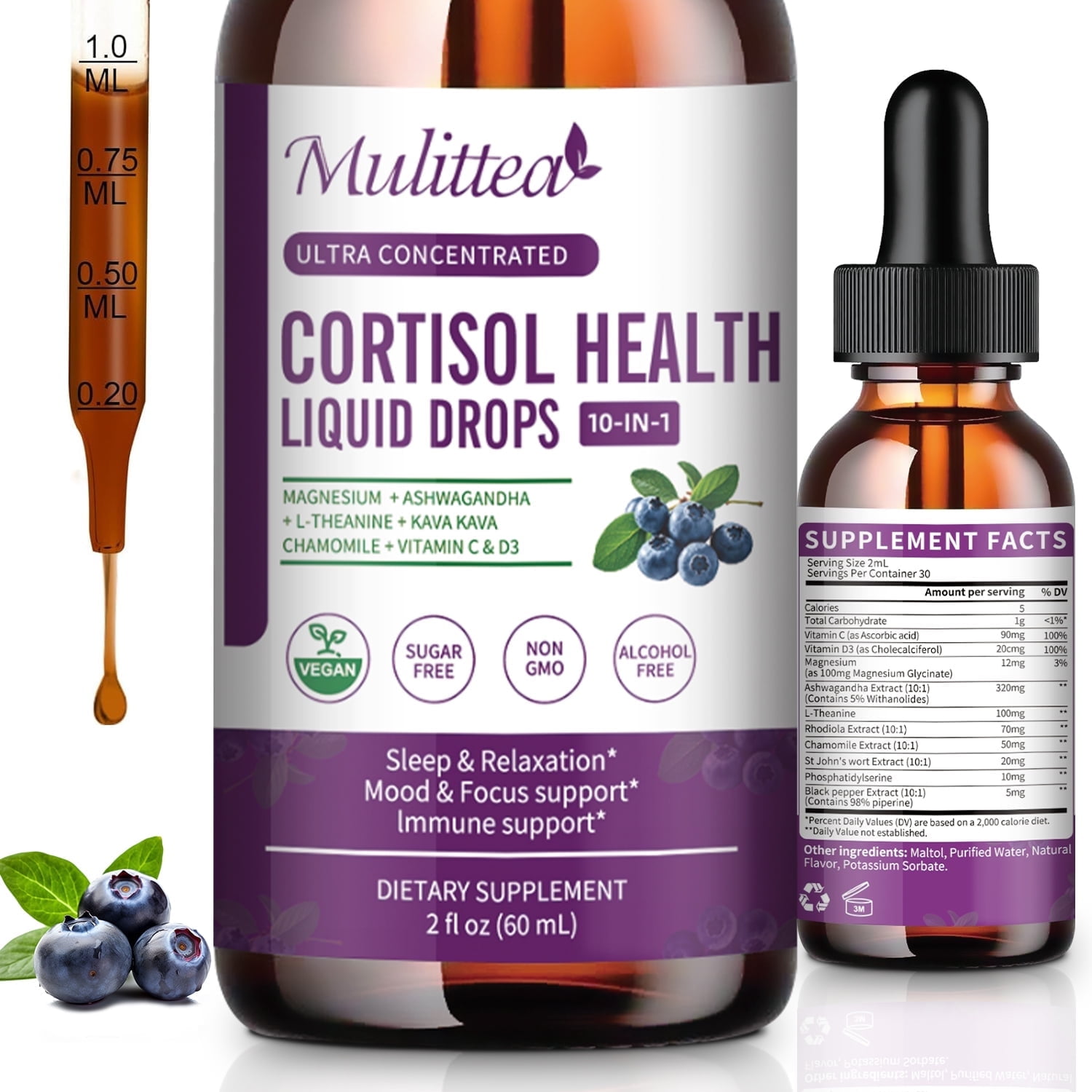 Cortisol Supplements for Women Men, Cortisol Reducer Detox Manager w/ Magnesium, Ashwagandha, L-theanine, Hormone Balance Liquid Drops Mood, Focus, Sleep Support - 2 Fl.oz, Blueberry Flavor