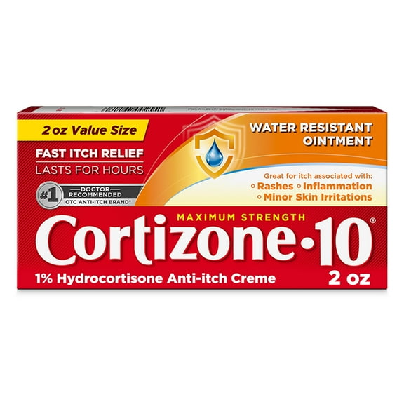 Cortizone-10 Maximum Strength Water Resistant Itch Relief Ointment, 1% Hydrocortisone, Fast-Acting, Anti-Itch Cream for Bug Bites, Rash, Eczema, Psoriasis, Poison Ivy, Oak, Sumac & More, 2 oz
