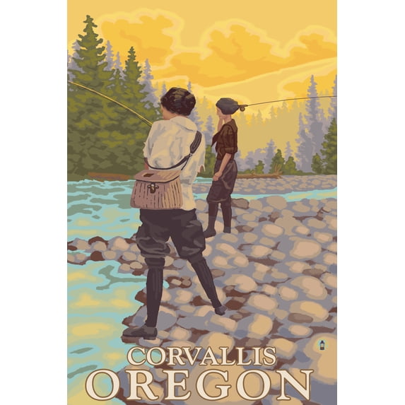 Corvallis, Oregon, Women Fishing (24x36 Giclee Gallery Art Print, Vivid Textured Wall Decor)