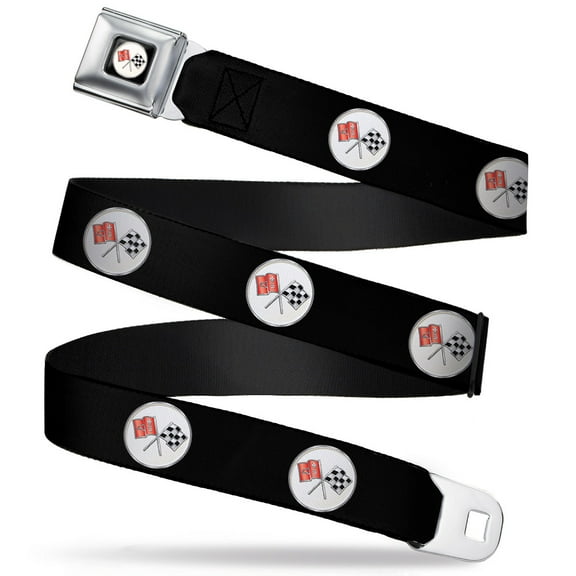 GM General Motors Belt, Seatbelt Buckle Belt, Corvette C2 Flags Logo Black, 34 to 52 Inches