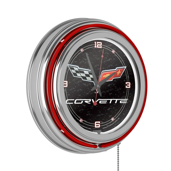 Corvette C6 Black Retro Neon Analog Wall Clock with Pull Chain