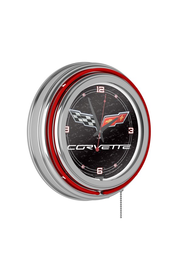 Corvette C6 Black Retro Neon Analog Wall Clock with Pull Chain