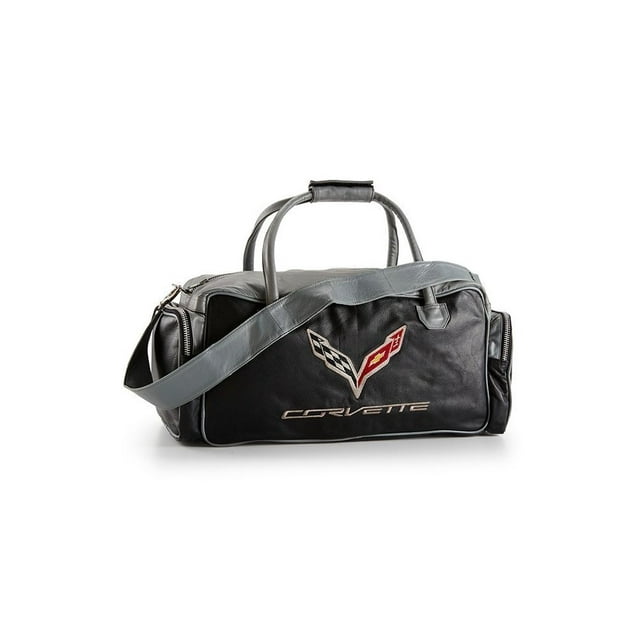 Corvette C7 Leather Duffel Bag with C7 Crossed Flags Logo Black and Gray