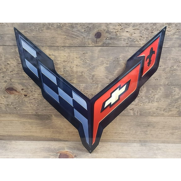 Corvette C8 Crossed Flags Black Edition Emblem Garage Steel Sign Super Size - 36" X 35"