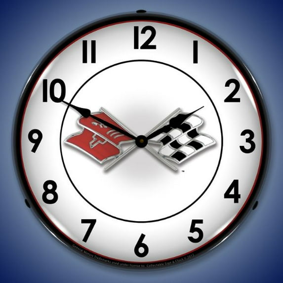 Collectable Sign and Clock Corvette Flags LED Lighted Premium Wall Clock