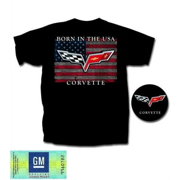 Corvette T-Shirt - "Born In The USA" w/ C6 Crossed Flags : Black XXX-Large