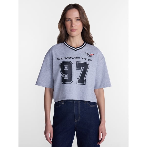 Corvette Women's French Terry Varsity Graphic Tee with Short Sleeves, Sizes XXS-XXL