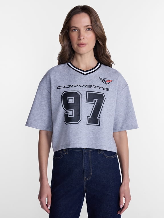 Women's French Terry Varsity Graphic Tee with Short Sleeves, Sizes XXS-XXL