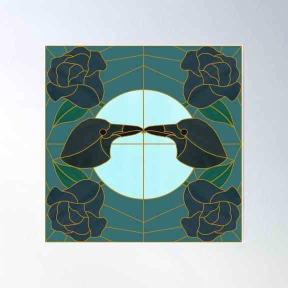 Corvid Courting (Teal & Gold) Poster Wall Art, Modern Wall Decor For Living Room Bedroom, 24x24 UNFRAMED