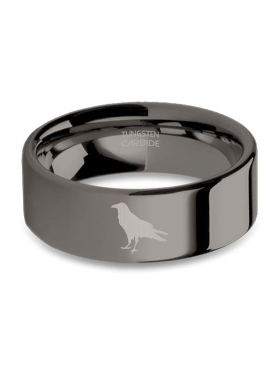 Corvid Crow Raven Engraved Gunmetal Polished Tungsten Wedding Band, 8mm, Size 6