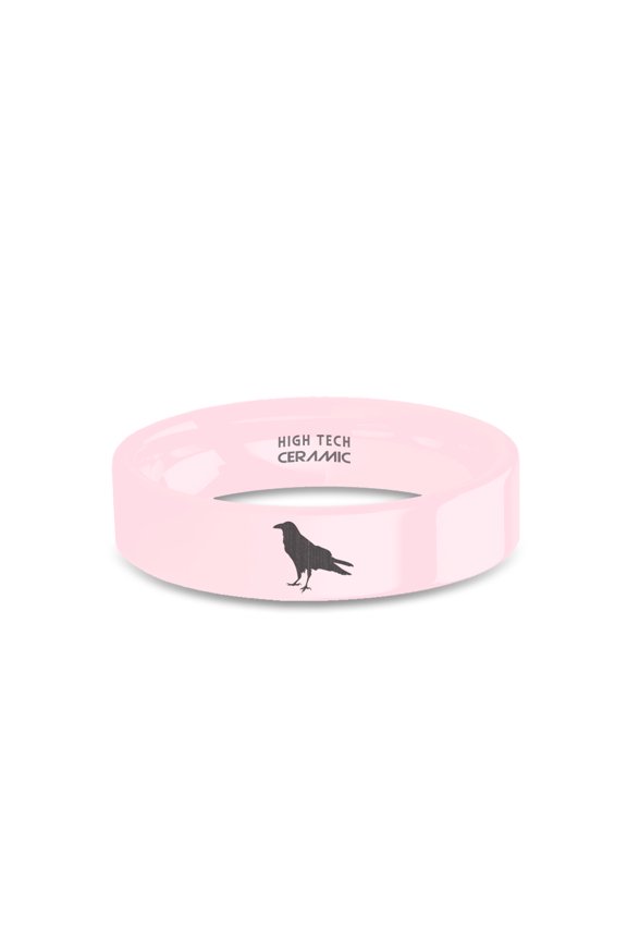 Corvus Bird Crow Laser Engraved Pink Ceramic Wedding Band, 6mm, Size 10