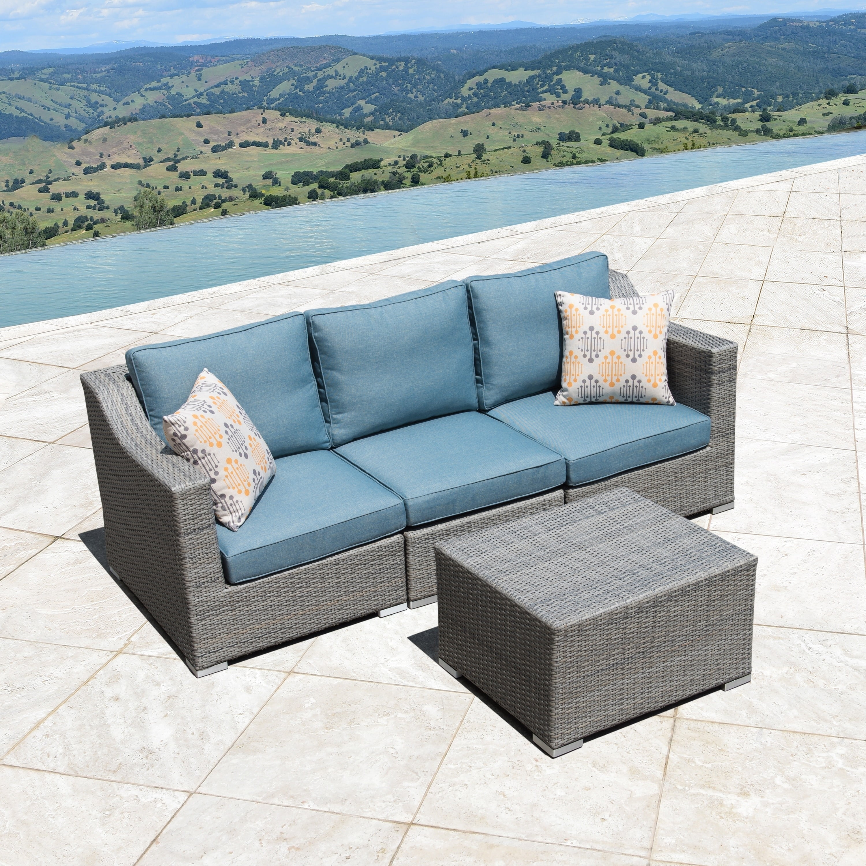 Corvus 3-Person Grey Wicker Sofa Set with Blue Cushions
