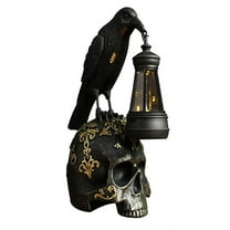 Corvus Raven Perching On Rose Skull Statue with Solar LED Lantern Light Crow Scavenger Bird Ossuary Figurine for Courtesy Path Or Night Light,Black