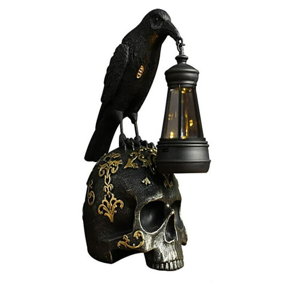 Corvus Raven Perching On Rose Skull Statue with Solar LED Lantern Light Crow Scavenger Bird Ossuary Figurine for Courtesy Path Or Night Light,Black