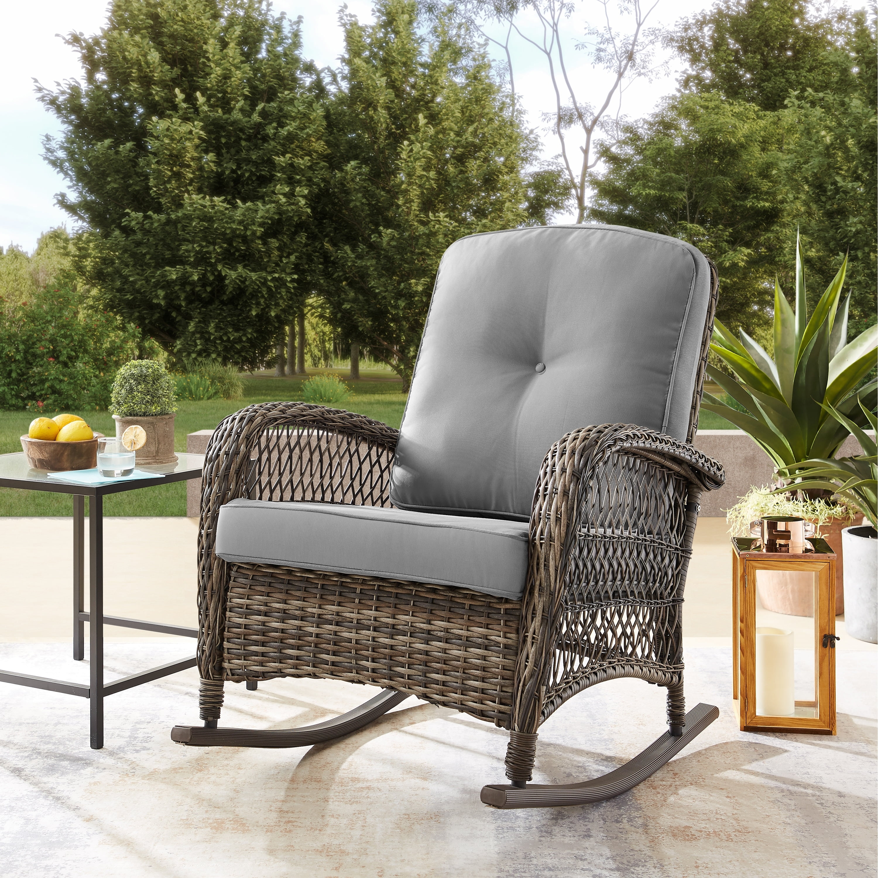 Salerno Gray Handwoven Resin Wicker Outdoor Rocking Chair with Cushions