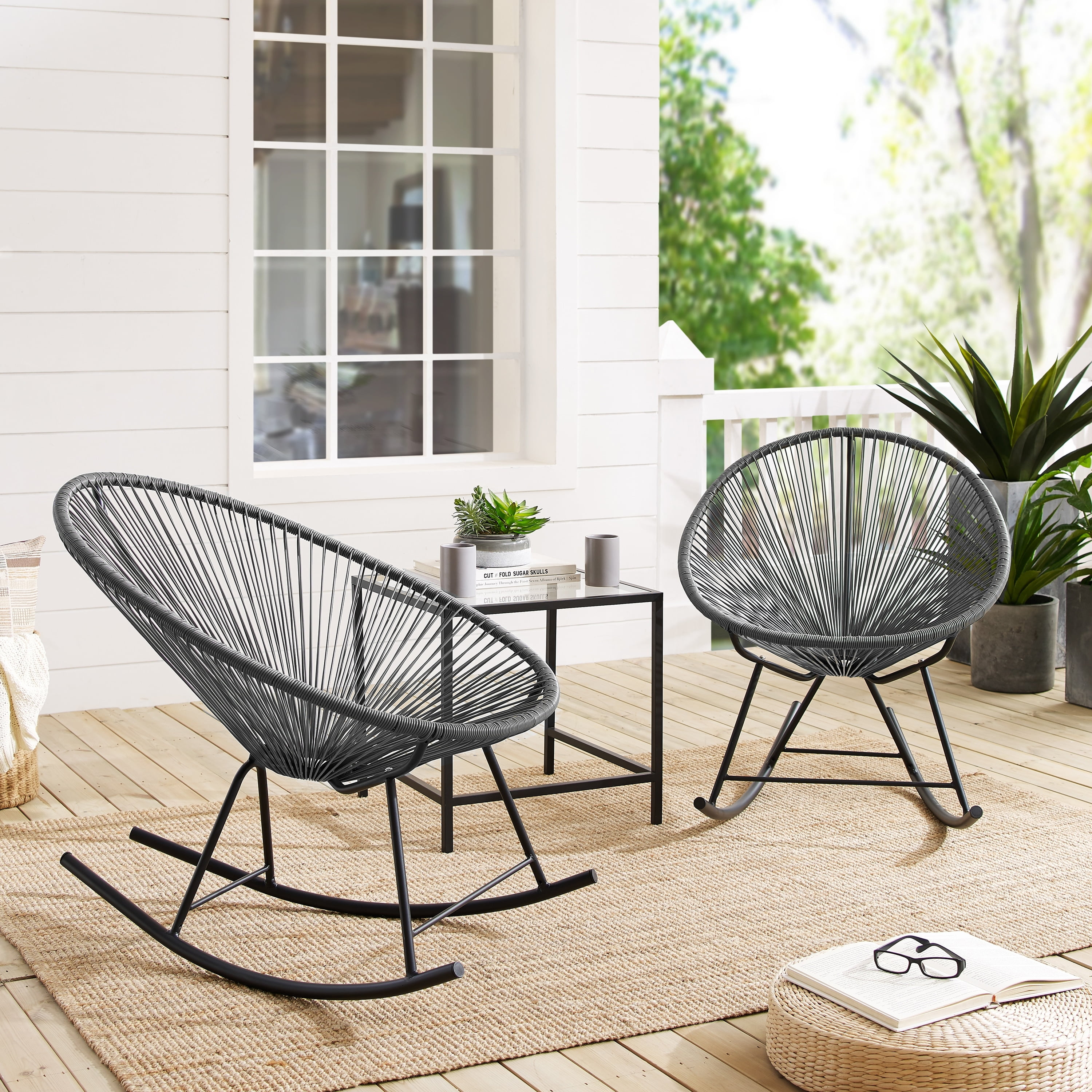 Gray Wicker Cord Metal Frame Patio Rocking Chairs, Set of 2