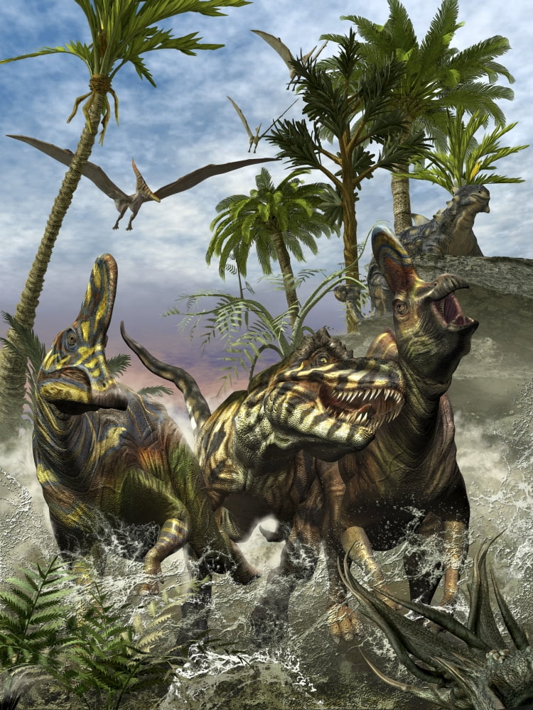 Corythosaurus being chased by a Tyrannosaurus Rex Canvas Art - Kurt MillerStocktrek Images (13 x 17)