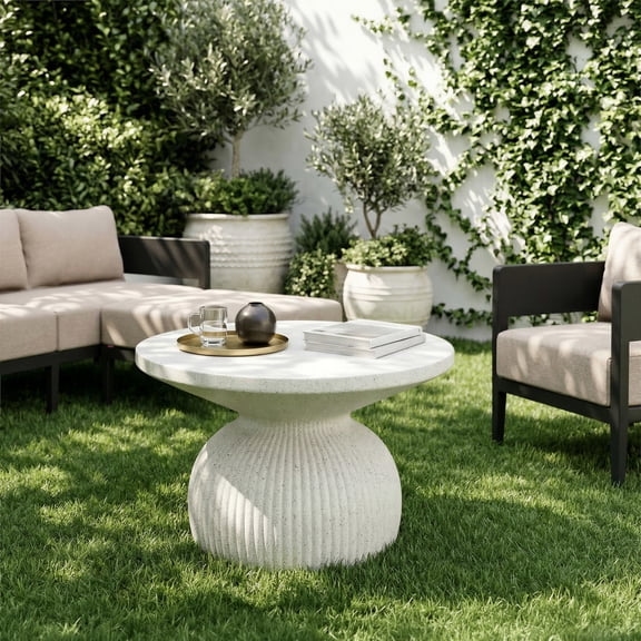 Corza Coffee Table White Coffee Table, Modern Style, Faux Terrazzo Poly Cement round shape tabletop, Poly Cement, Outdoor Living