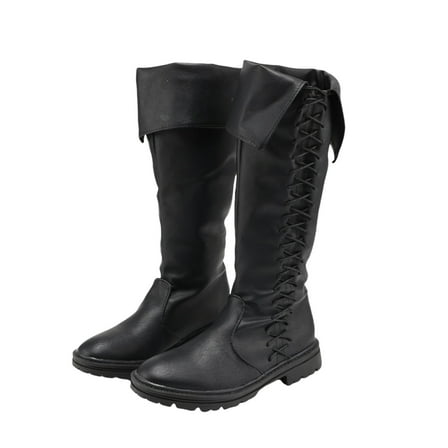 Cos-Animefly Vintage Medieval Viking Black Leather Boots Men's Knight Long Boots Lace Shoes Gothic Carnival Party