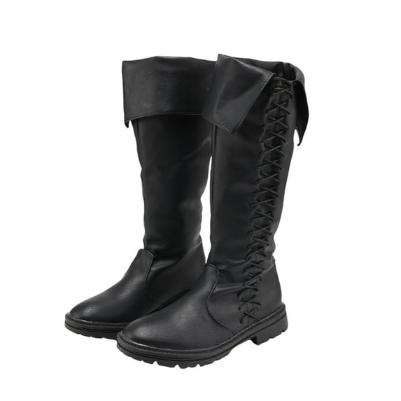 Cos-Animefly Vintage Medieval Viking Black Leather Boots Men's Knight Long Boots Lace Shoes Gothic Carnival Party