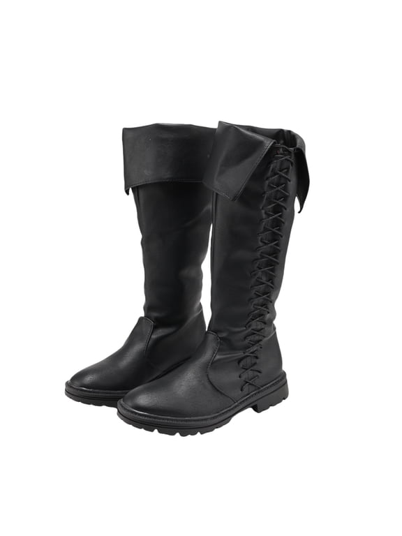 Vintage Medieval Viking Black Leather Boots Men's Knight Long Boots Lace Shoes Gothic Carnival Party