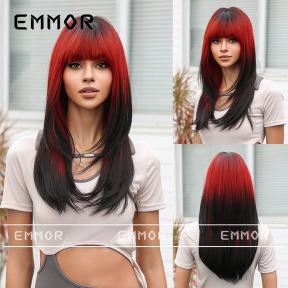 Cos Wig Cross-Border Women's Bangs Black Gradient Red Long Hair Slightly Curly Natural Layered Synthetic Wig