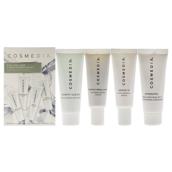 CosMedix Even Skin Tone Essentials 4 Pc Kit - 0.5oz Purity Clean, 0.5oz Simply Brilliant, 0.5oz Serum 16, 0.5oz Hydrate Plus