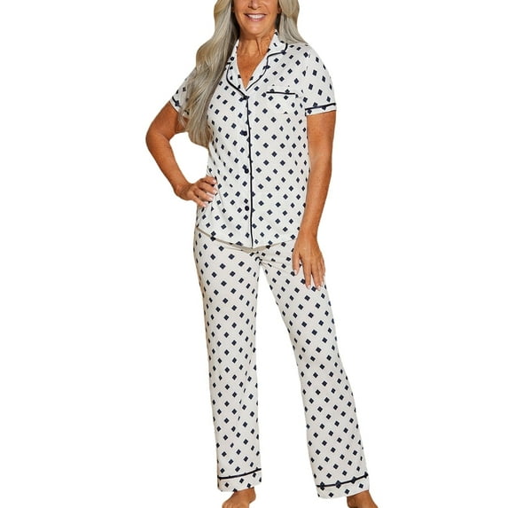 Cosabella Bella Print Short Sleeve Top & Pant PJ Set (AMORP9645),2X,Diamond White/Navy