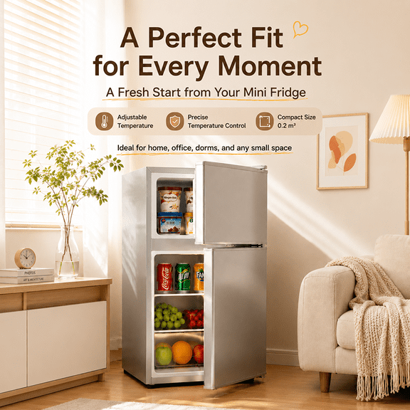 Cosanta 3.2 Cu.Ft Mini Fridge with Freezer - 2 Door Small Refrigerator, Mini Refrigerator with Adjustable Thermostat, Removable Shelves, Mini Fridge for Bedroom, Office, Dorm, Apartment, Silver