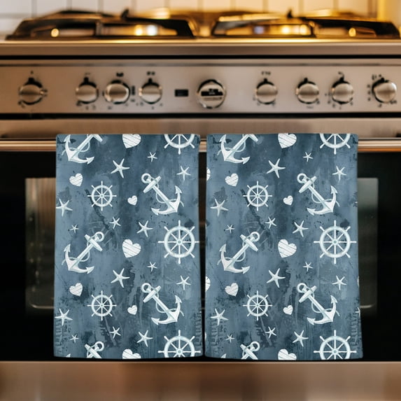 Cosatal Nautical Kitchen Towels Set of 2, Summer Ocean Sea Anchor Starfish Blue Absorbent Dish Towels for Kitchen, Microfiber Hand Towel, Quick Drying Tea Towel for Cleaning Decorative Dishcloths