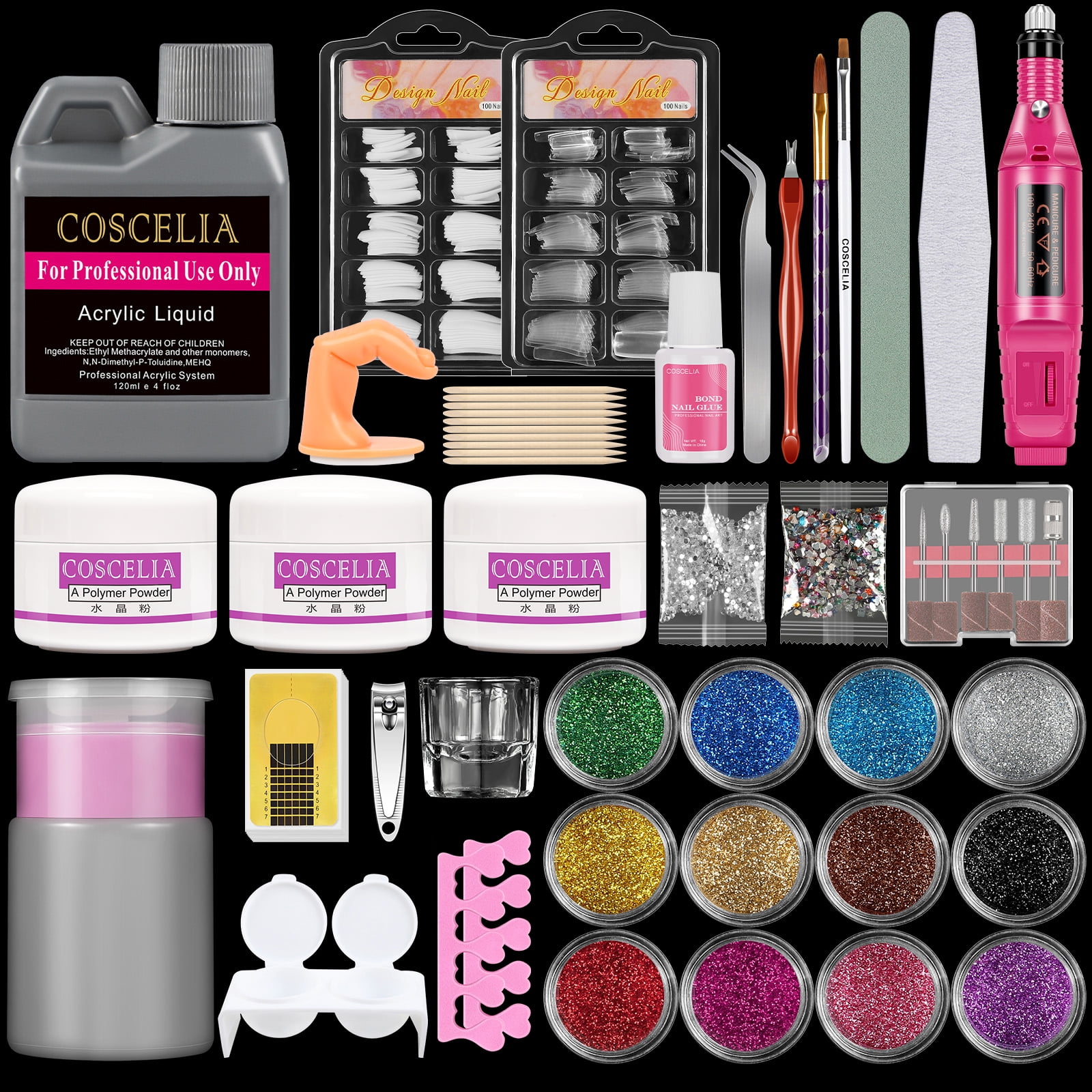 Coscelia Acrylic Nail Kit with Drill 15 Colors Glitter, Acrylic Liquid and Powder for Nail Extension - image 1 of 11