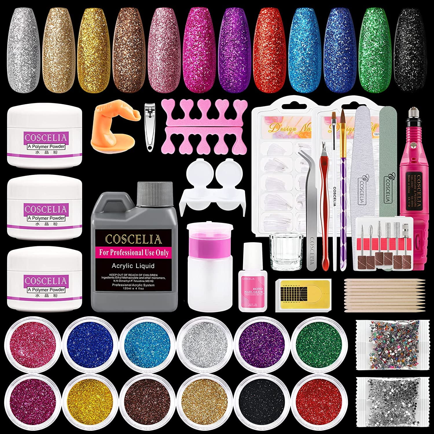 Coscelia Acrylic Nail Kit with Nail Drill Pink White Clear Acrylic