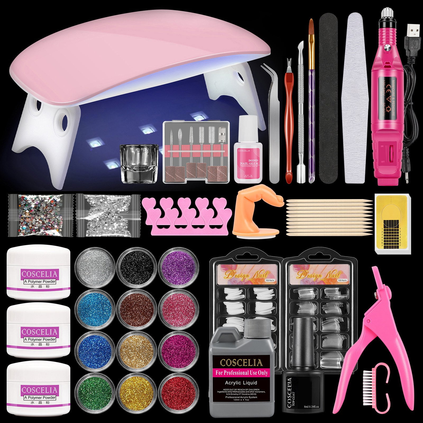 Coscelia Acrylic Nail Kit with U V Light and Drill Glitter Acrylic