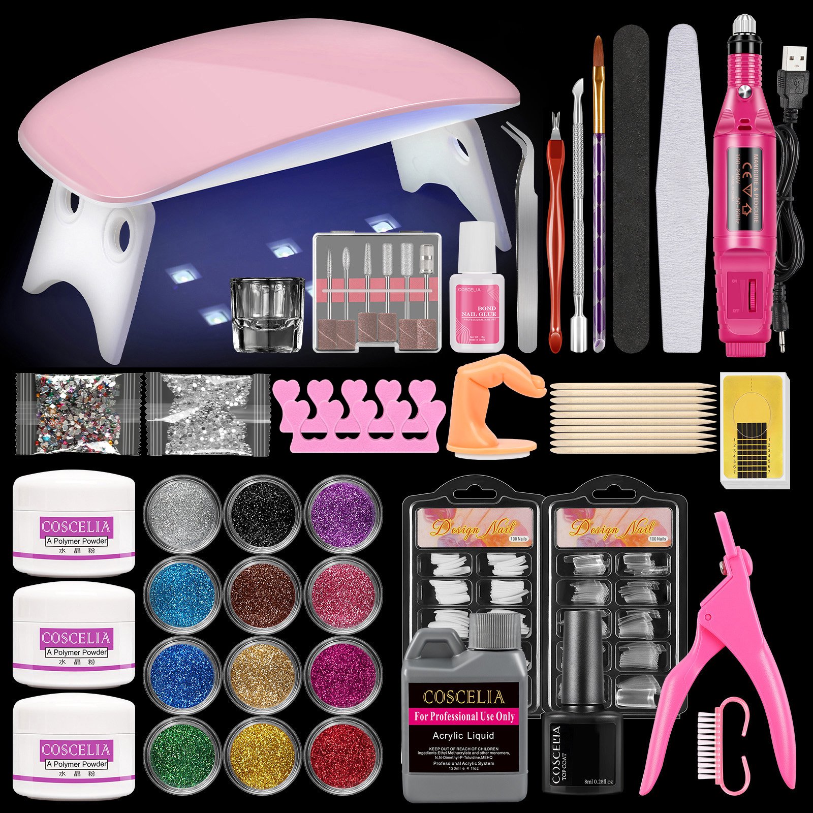 Coscelia Acrylic Nail Kit with U V Light and Drill Glitter Acrylic Powder and Liquid Set for Home Use - image 1 of 12