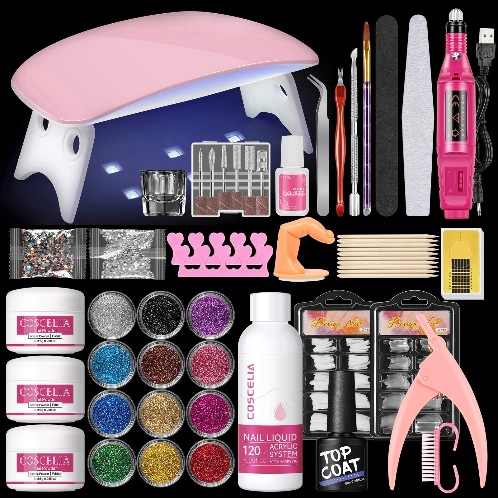Coscelia Acrylic Nail Kit with U V Light and Drill Glitter Acrylic Powder and Liquid Set for Home Use