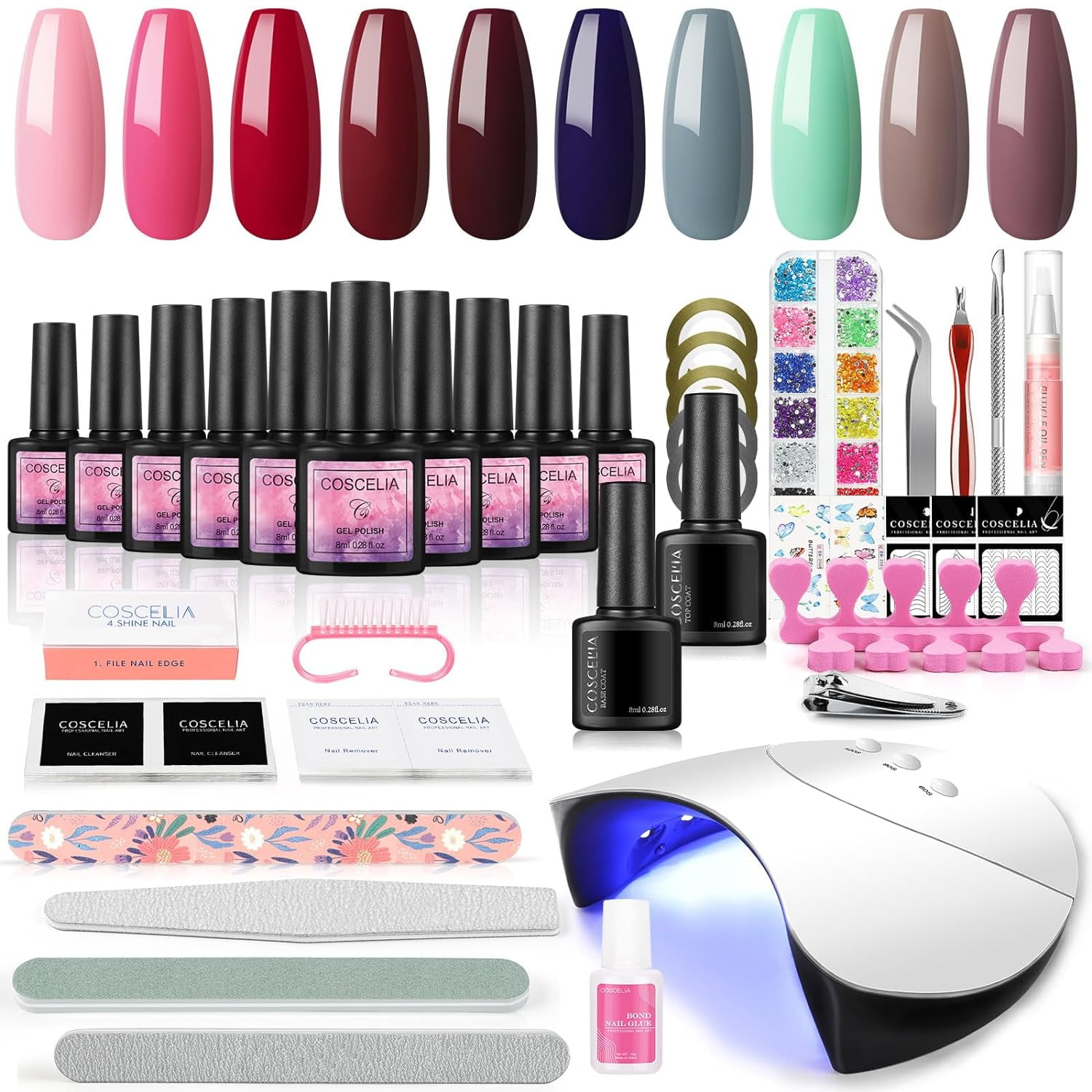 Coscelia Gel Nail Polish Kit with UV Light for Starters Pink Red 10