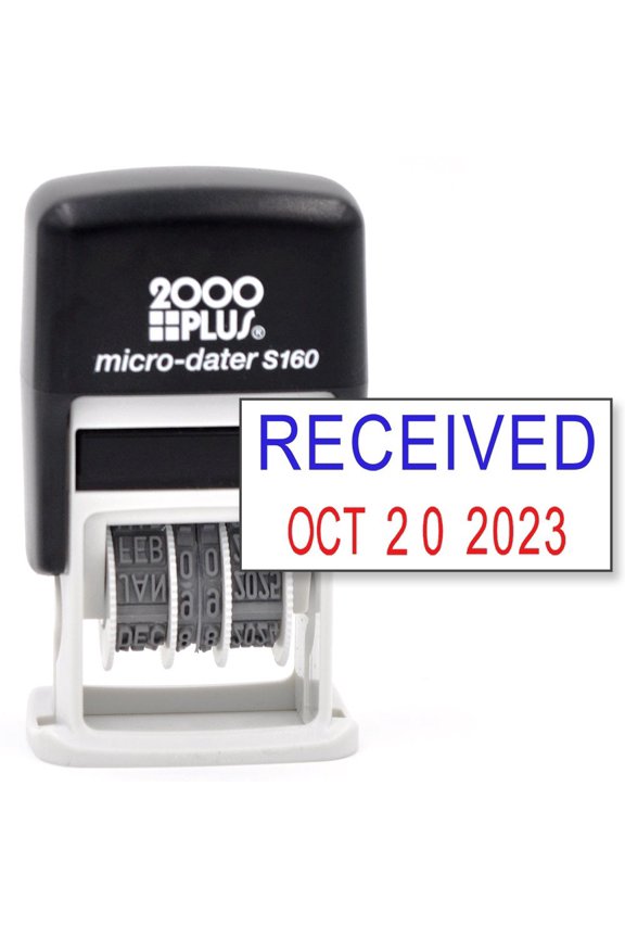 2000 PLUS Self-Inking Rubber Date Office Stamp with RECEIVED Phrase BLUE INK & Date RED INK (Micro-Dater 160), 12-Year Band