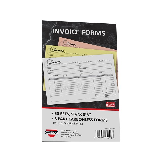 Cosco Artistic 3-Part Carbonless Invoices 5.4" x 8.5" 50 Sets/Book ...