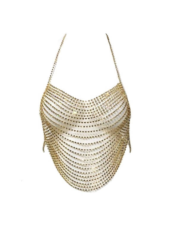 Harness-Bikini Chain Rhinestone-Body Chain-Bra Women Chest Chains Multilayer Halter-Backless Tank-Top Chain-Bikini