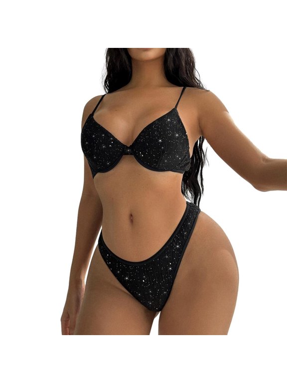 Women Sparkling Sequins Swimwear Wire Bikinis Top and Low Waist Bottom Two Pieces Bathing Suit Triangle Bikinis Set