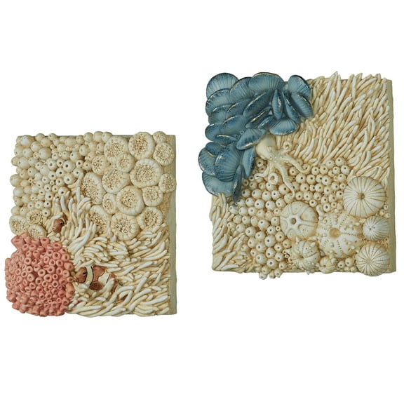 Cosette Coral Coastal Dimensional Wall Plaques Set of Two Cream Each is 12.5 in square x 3.5 in deep