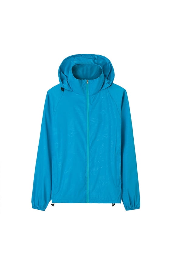 Blue Jackets for Men Solid Zip Up Casual Lightweight Windbreaker with Pocket Breathable Sun Protection Loose Long Sleeve Hooded Jacket