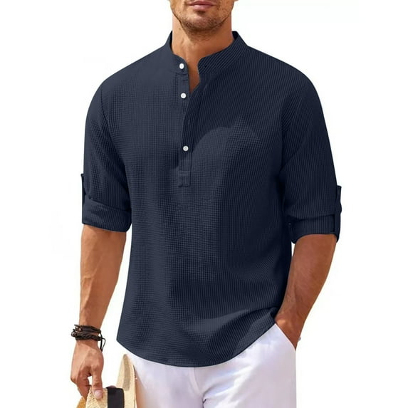 COSFO Blue Men Shirt Casual Long Sleeve Henley Solid Waffle Pullover Button Tshirts Shirts for Men