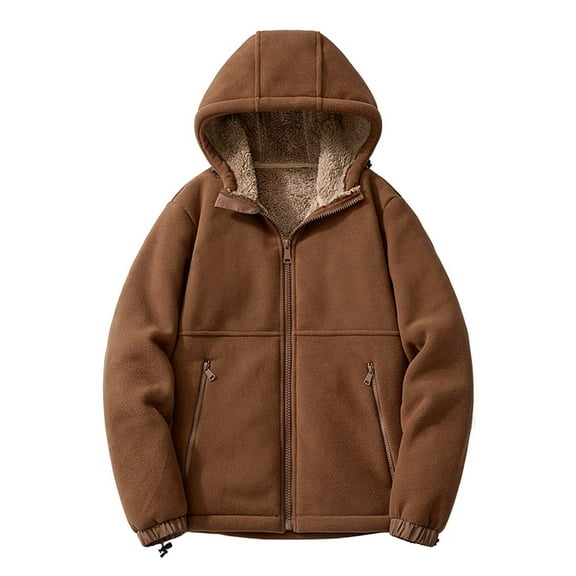 Cosfo Bomber Mens Winter Jacket Casual Zip Up Solid Brown Heavyweight Jacket Loose with Zipper Pockets Stand Collar Long Sleeve Mid-Length Hooded Jackets