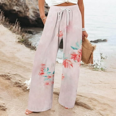 COSFO Casual Fall Pants for Women 2024 Palazzo Floral High Elastic Waisted Red Wide Leg Pants with Pocket Adjustable Width Drawstring Loose Pants