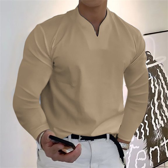COSFO Casual Men Shirt V-Neck Yellow Long Sleeve Solid Pullover Men T Shirts